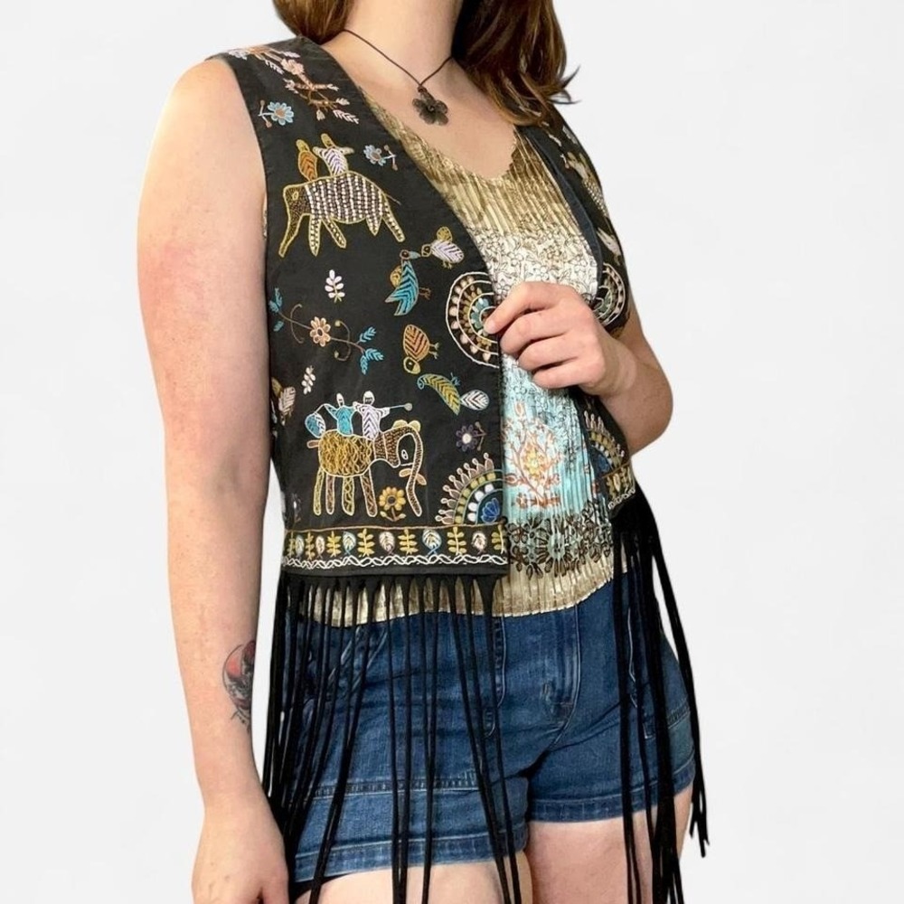 Upcycled Boho Tribal Embroidered Open Vest Fringed Hem Cowgirl Western Festival